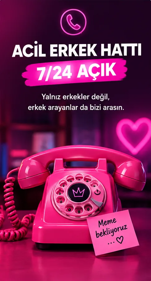 Acil Erkek Hattı 7/24 Açık: pembe telefon ve “Meme bekliyoruz” notu